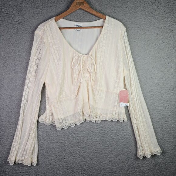 Arula Boho Lace Blouse 2X Cream NWT Scalloped Romantic Ruched Tie Sheer Sleeve - Picture 15 of 16